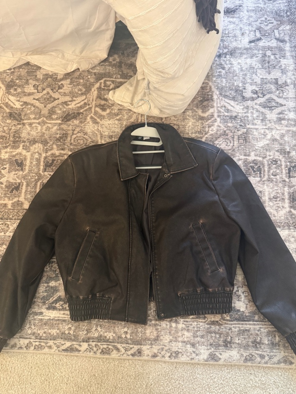 Distressed Brown Leather Bomber Jacket - Picture 3 of 5